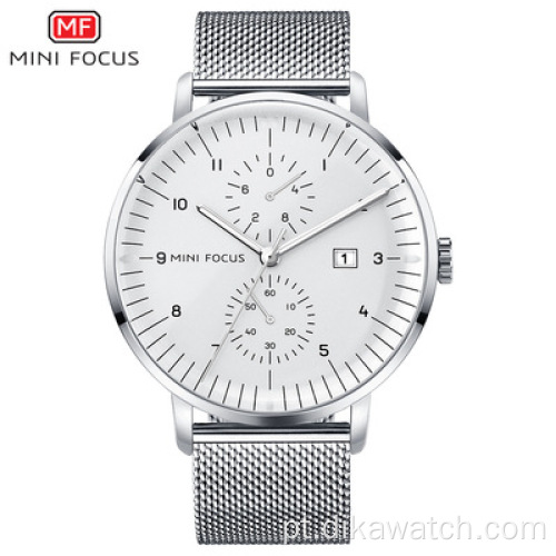 Relógio masculino MINI FOCUS 0052, marca de luxo, relógios de quartzo masculino, calendário de pulso, malha de couro, pulseira, relógio masculino à prova d&#39;água